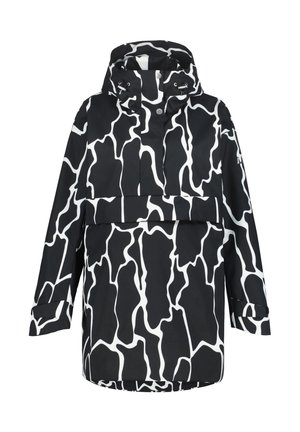 Waterdichte jas met een zwart-wit abstract patroon, verstelbare capuchon en lange mouwen met knoopmanchetten.