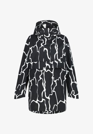 Voděodolná bunda s černobílým abstraktním vzorem, nastavitelnou kapucí a dlouhými rukávy s knoflíkovými manžetami.