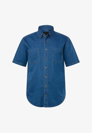 Korte mouwen denim shirt in een middelblauwe kleur. Twee borstzakken en een knoopsluiting aan de voorkant. Zachte textuur met versterkte stikseldetails.