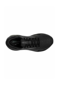 Zapatilla deportiva negra con una parte superior de malla texturizada, cordones planos y una suela acolchada. Presenta la marca "BROOKS" y "GHOST 16" en la lengüeta.