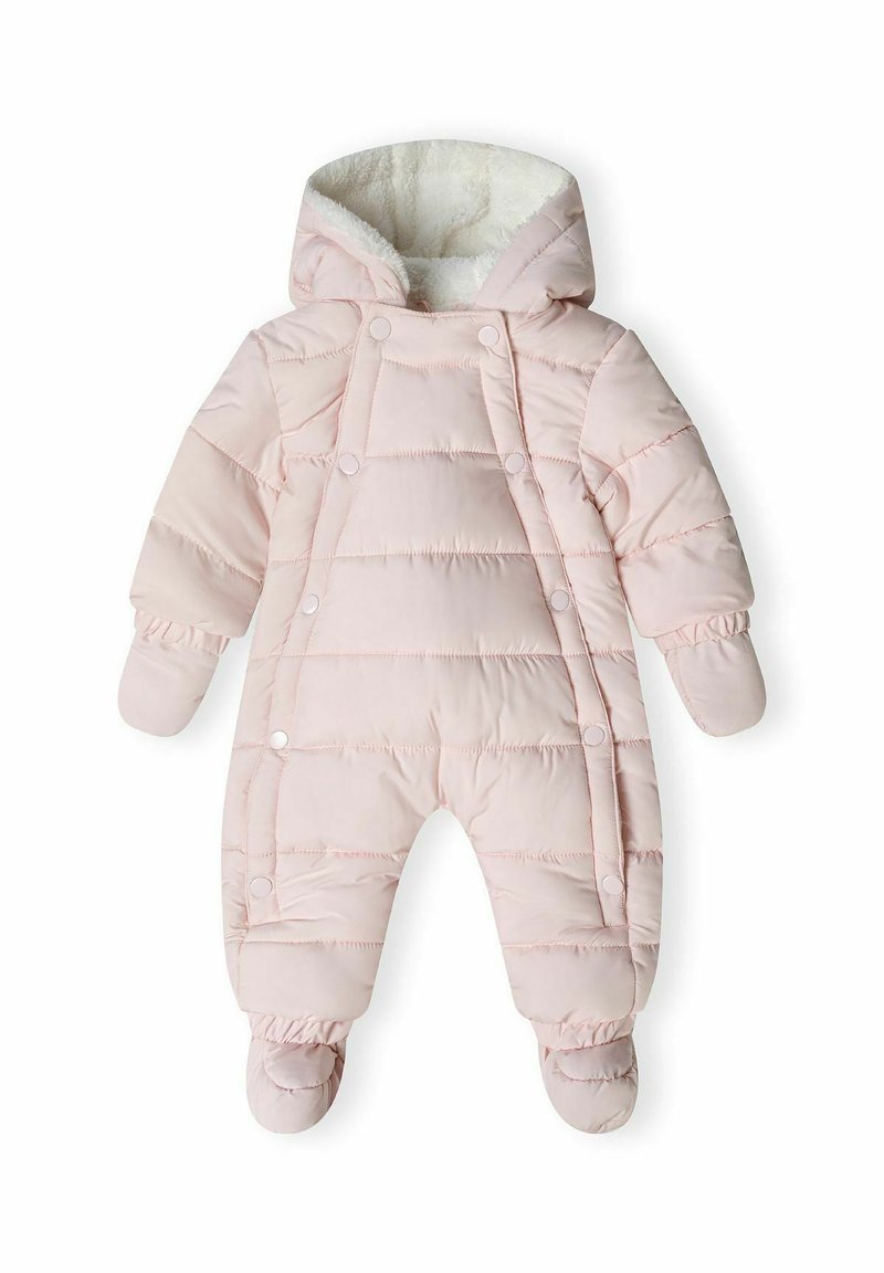 Padded ružičasti zimski kombinezon s mekanim kapuljačom obloženim flisom, s patentnim zatvaračima, rebrastim manžetama i priključnim čizmama. Teksturirani kviltani dizajn.