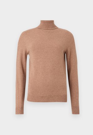 Pulover bej deschis cu guler înalt, realizat dintr-un material moale și texturat, având mâneci lungi și manșete și tiv cu dungi. O singură culoare, fără modele.