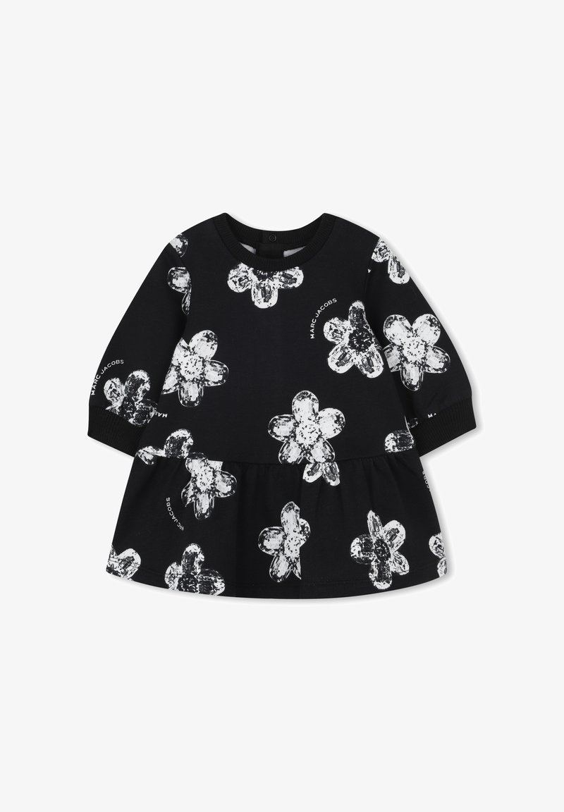 Czarna sukienka z długimi rękawami, zdobiona białym kwiatowym wzorem i marszczonym dołem. Wykonana z miękkiego materiału, z okrągłym dekoltem.