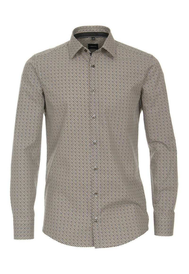 Langarm patroonhemd in beige met een geometrisch ontwerp. Voorzien van een standaard kraag, knoopsluiting en manchetten. Getextureerde stof.