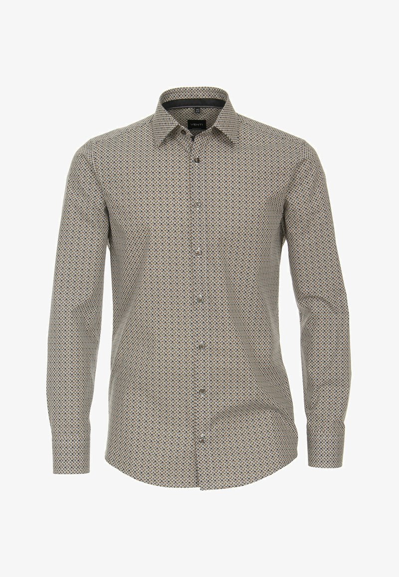 Langarm patroonhemd in beige met een geometrisch ontwerp. Voorzien van een standaard kraag, knoopsluiting en manchetten. Getextureerde stof.