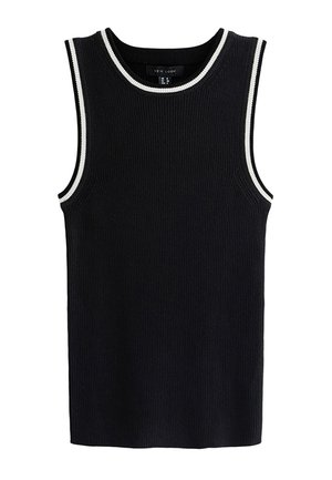 Haut noir sans manches en maille côtelée avec bordure blanche autour de l'encolure et des emmanchures.