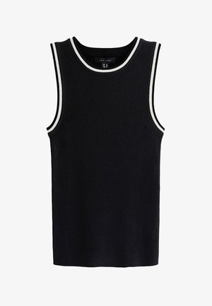 Czarny, bezrękawnik z prążkowanego dzianego materiału z białą lamówką wokół dekoltu i otworów na ramiona.