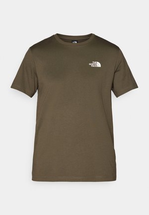 Olive green cotton t-shirt with short sleeves, crew neck, and a white logo on the left chest. Smooth fabric texture, regular fit.