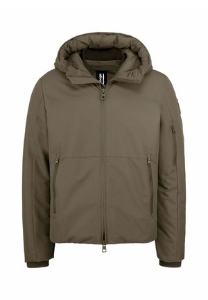 Bruine winterjas met capuchon, rits aan de voorkant, twee zijzakken met rits en een zak met rits op de linker mouw.