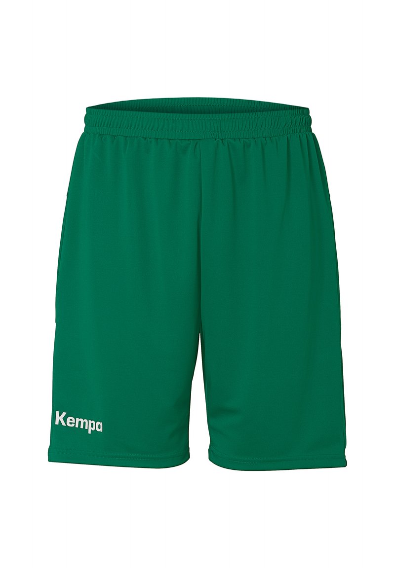Green athletic shorts made of smooth, lightweight fabric with an elastic waistband. Features a small white “Kempa” logo on the left leg.
