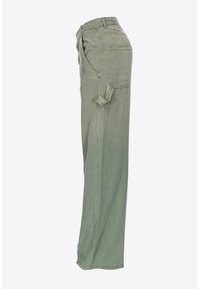 Light green cargo pants with a relaxed fit, featuring side pockets, a back pocket, and a textured cotton material.