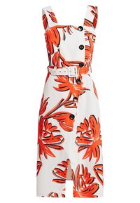 Robe blanche avec un grand imprimé floral rouge, décolleté carré, bouton à l'avant et ceinture à la taille. Présente des bretelles épaisses et une fente sur le côté.