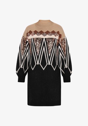 Knit sweater dress features a high neck, puff sleeves, geometric patterns in beige, black, and metallic sequins, with ribbed cuffs.