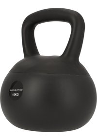 Svart kettlebell med rundad kropp och ett robust handtag, märkt "ENDURANCE 16KG." Slät yta och matt finish.