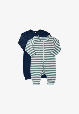 Zwei Babystrampler: einer einfarbig marineblau, der andere gestreift in Hellblau und Weiß. Aus Baumwollstoff, mit langen Ärmeln und Knöpfen vorn.