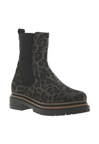 Bottines à imprimé léopard noir avec une semelle épaisse, des panneaux latéraux élastiques et un dessus en tissu texturé. Accent en bois autour de la semelle.