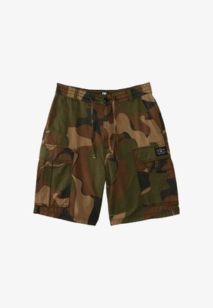 Camo cargoshorts in bruine en groene tinten, gemaakt van stof met een gestructureerd oppervlak. Voorzien van een trekkoord in de taille en meerdere zakken.