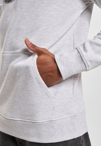 Hellgraues Sweatshirt mit einer frontalen Tasche, gerippten Bündchen und Saum. Verfügt über ein strukturiertes Material und ein Logo-Label auf der Brust.