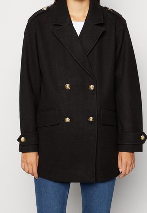 Černý dvouřadý kabát se zlatými knoflíky, s klopovým límcem, dvěma bočními kapsami a manžetami na knoflíky, z hladké látky.