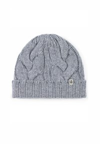 Gray knitted beanie featuring a cable-knit design and a ribbed cuff. Includes a small branded tag on the side. Soft texture.