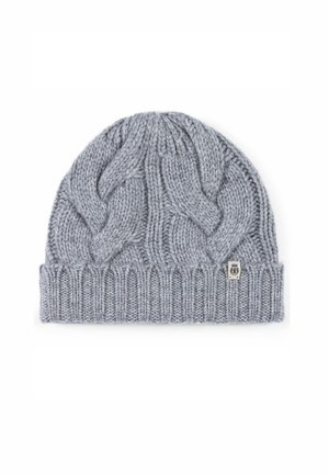 Gray knitted beanie featuring a cable-knit design and a ribbed cuff. Includes a small branded tag on the side. Soft texture.