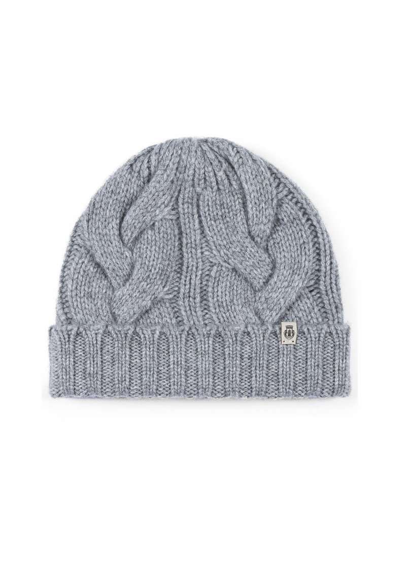 Gray knitted beanie featuring a cable-knit design and a ribbed cuff. Includes a small branded tag on the side. Soft texture.
