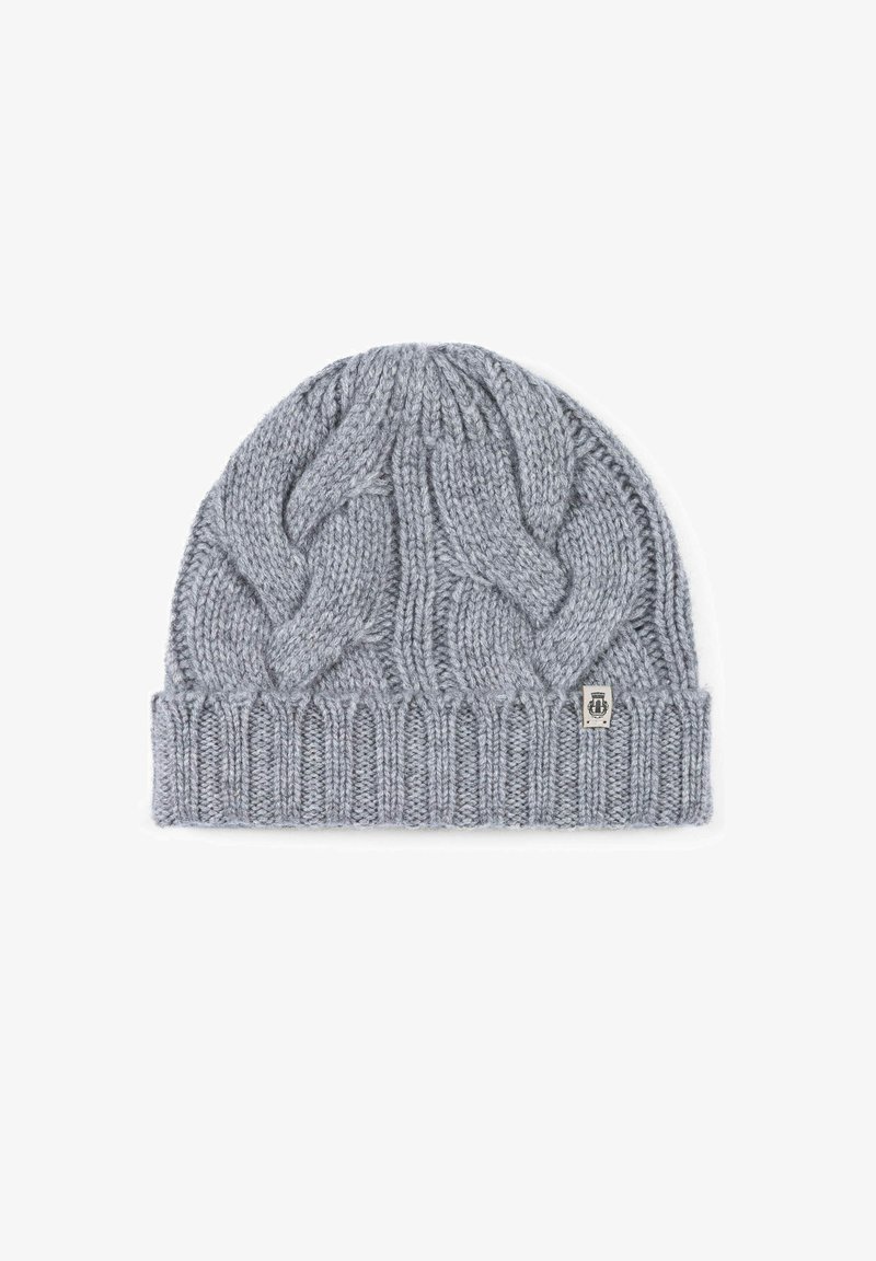 Gray knitted beanie featuring a cable-knit design and a ribbed cuff. Includes a small branded tag on the side. Soft texture.