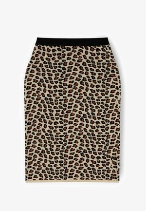 Leopardprintet nederdel med beige baggrund, sort taljebånd og forskellige brune pletter. Glat tekstur, tætsiddende design, knælængde.
