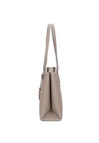 Borsa a spalla in pelle beige con un design strutturato, due manici lunghi e una base affusolata. Presenta una chiusura con zip e accenti hardware discreti.