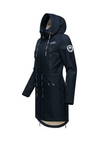 Navy waterproof jacket with a hood, cinched waist, zippered chest and side pockets, and elastic drawstrings. Features logo patch on sleeve.