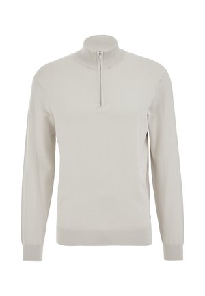 Svetlosivý dlhý pulóver s dlhým rukávom, polovičným zipsom a rebrovaným golierom a manžetami, vyrobený z mäkkého pleteného materiálu.