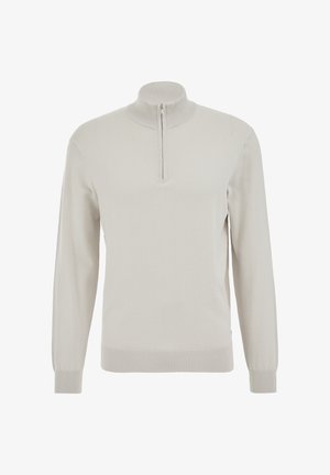 Világosszürke, hosszú ujjú pulóver fél cipzárral, bordázott gallérral és mandzsettával, puha kötött anyagból.