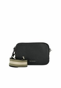 Schwarze Leder-Umhängetasche mit strukturierter Oberfläche, Reißverschluss und abnehmbarem Träger mit gestreiftem Muster und Logodetail.