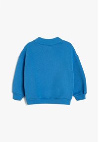 Blaues Sweatshirt mit rundem, geripptem Hals, langen Ärmeln und gerippten Bündchen. Glatte Textur, lässiges, kastiges Design, einfarbig ohne Muster.