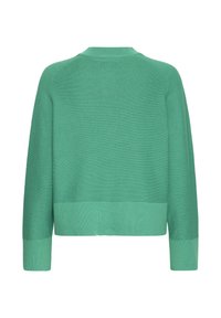 Grüner gestrickter Pullover mit rundem Halsausschnitt, gerippten Bündchen und leicht verkürztem Saum. Verfügt über ein strukturiertes Muster und eine weiche Verarbeitung.