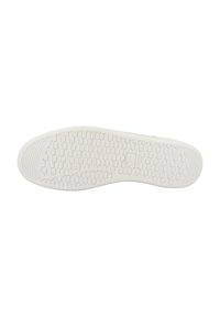 Suela de zapato de goma blanca con un diseño de banda de rodadura de patrón hexagonal, que presenta ranuras texturizadas y una ligera curvatura hacia la zona de los dedos.