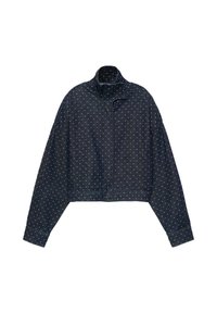 Veste courte bleu foncé avec manches longues, col montant et petits pois clairs partout.
