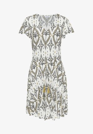 Weißes knielanges Kleid mit schwarzen und goldenen abstrakten Blattmustern, kurzen Ärmeln, V-Ausschnitt und einem Taillengürtel mit Quasten.