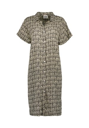 Abito beige a maniche corte con bottoni, motivo a foglie nere e colletto, lunghezza al ginocchio, taglio dritto.