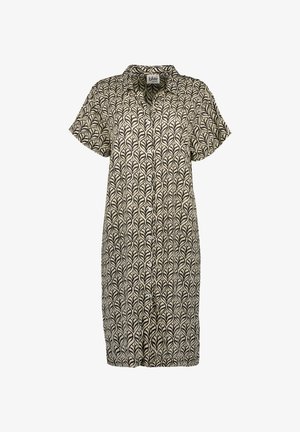 Beige Kleid mit kurzen Ärmeln und Knopfleiste, schwarzem Blattmuster und Kragen, knielang, gerader Schnitt.