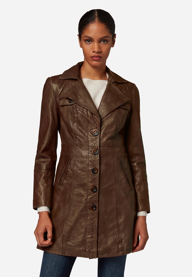 Brown leather coat with a tailored fit, large collar, and six buttons. Features two side pockets and a smooth, slightly glossy texture.