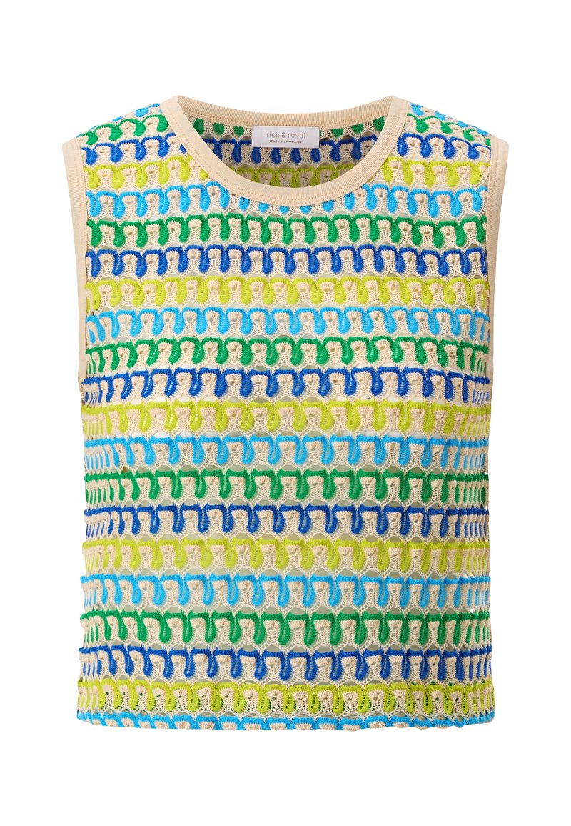 Top senza maniche lavorato a maglia con strisce orizzontali in verde, blu e giallo, con rifinitura beige. Tessuto morbido, design a trama aperta.