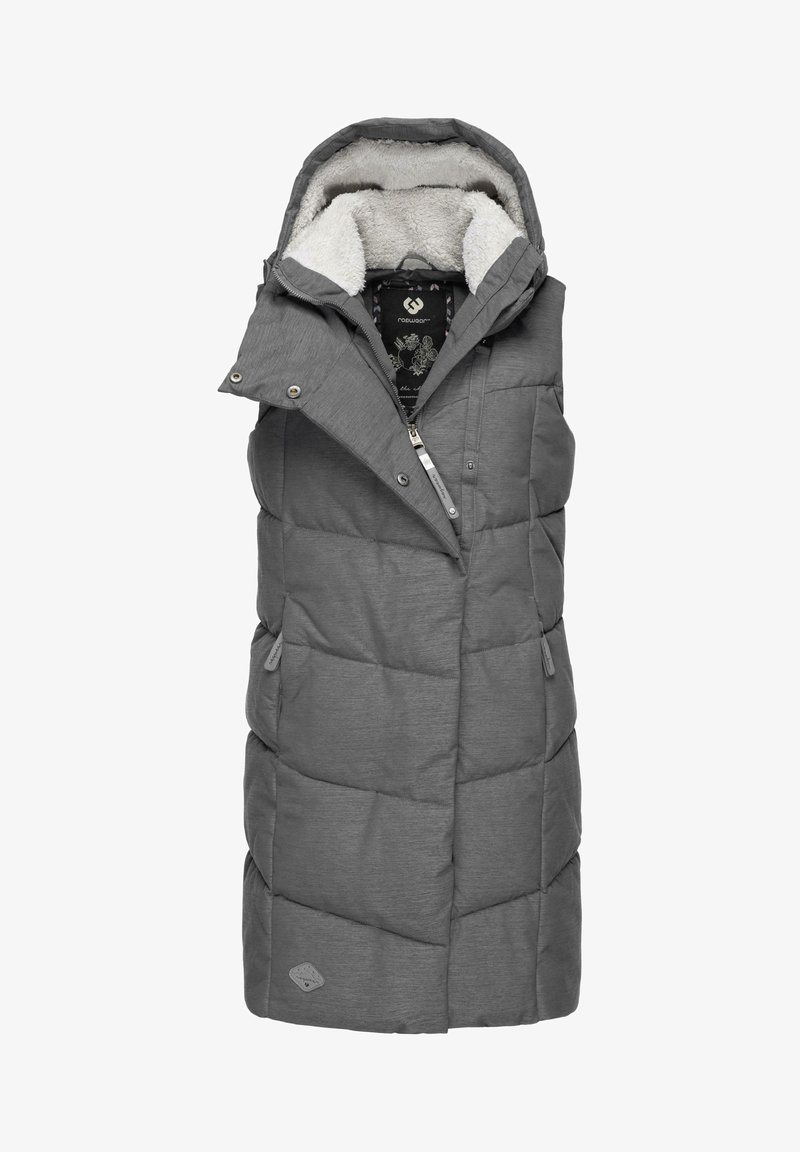 Grey padded vest with a high collar and hood. Features a soft interior lining, zip closure, and two side pockets. Textured fabric with stitching details.