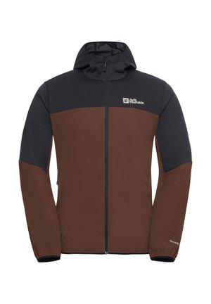 Braun und schwarze Kapuzenjacke mit Reißverschluss, glattem Stoff und kontrastierenden Farbblöcken. Logo auf der Brust. Elastische Bündchen.