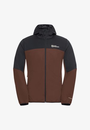 Braun und schwarze Kapuzenjacke mit Reißverschluss, glattem Stoff und kontrastierenden Farbblöcken. Logo auf der Brust. Elastische Bündchen.