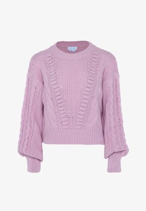 Rosa Kabelstrickpullover mit rundem Halsausschnitt, strukturierten Mustern und Ballonärmeln. Mit gerippten Bündchen und Saum. Kurze Länge.