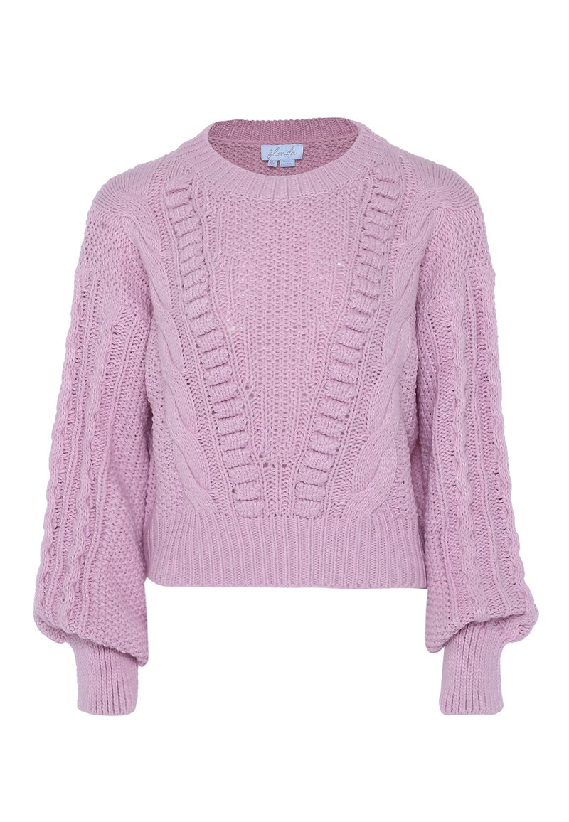 Maglione rosa a maglia cable con scollatura rotonda, motivi testurizzati e maniche a palloncino. Presenta polsini e orlo a coste. Lunghezza cropped.
