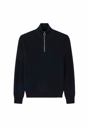 Pullover a maglia blu navy con colletto alto e chiusura a mezza zip con anello in metallo. Texture a costine su tutto il corpo e le maniche.