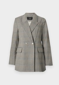 Grå rutete blazer med dobbeltknappede front, store revers, to frontlommer og sølvknapper. Teksturert stoff med en strukturert passform.