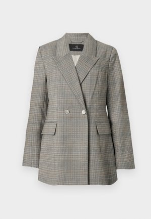 Blazer grigio a quadri con un frontale doppiopetto, ampie rever, due tasche anteriori e bottoni argentati. Tessuto testurizzato con una vestibilità strutturata.